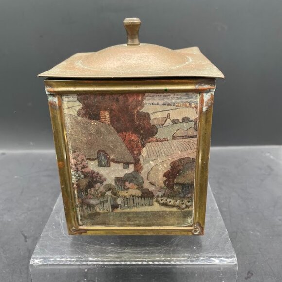 Antique Patterned Brass On Wood Metal Lined Tea Caddy w/ Countryside Image - Picture 1 of 11
